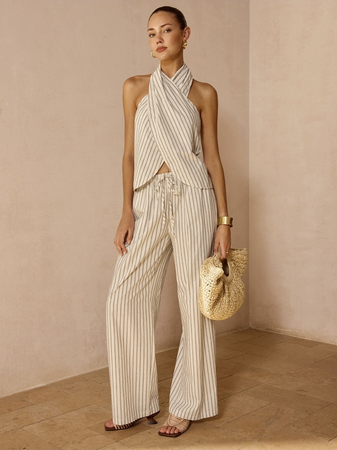 Commense Cream And Black Striped Halter And Pants Set